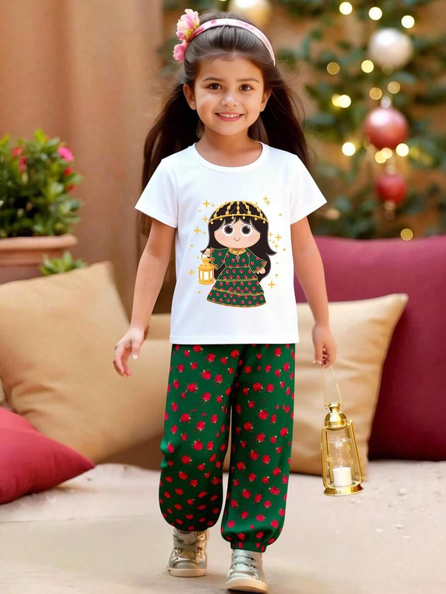 2pcs/Set Young Girls Fashion Casual Cute Cartoon Princess Print Short Sleeve T-Shirt And Rose Print Pants, Children Clothing Suitable For Spring/Summer, Holiday, Ramadan - Multicolor - View 1