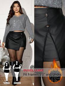 SHEIN PETITE CURVE Plus Size Casual Button Decor Split Hem Skirt, Black Skirt - Black - View 1