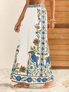 CAJUNI Damen Hose Elfenbein Multi Sommer Gewebe Relaxed Fit, Hoher Bund, künstlerischer Jacquard-Stil tropischer Vogel- und Blumenrandaufdruck, weite lange Hose, Boho Resort Stil für Urlaub, Strandtag und Feiertage, Frühlingsferien, Valentinstag, Strand für Frauen, Urlaub Frauen, trägerlos Sommer, Sommerurlaub, Frühling, Valentinstag, Karnevalskostüm, Fasching Frauenkostüm, Strand, Urlaub Frauen, Lässig Frauen, Party - Beige - Übersicht 7