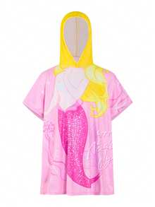 SHEIN Young Girls Pink Mermaid Printed Beach Towel Poncho,Cute Kids Hooded Towel Cloth Bathing Suit Cover Up For Summer,Beach,Family Vacation,Holiday - Pink - View 3