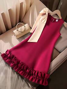 SHEIN Girls' Elegant Detachable Big Bow Decor Sleeveless A-Line Patchwork Pleated Hem Dress, Suitable For Daily, Party, And Formal Occasions, Spring/Summer - Red - View 8