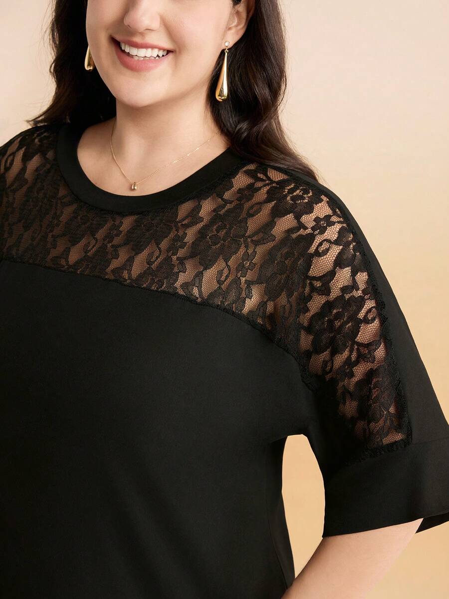 Momelise Đầm dài đến đầu gối cổ tròn tay ngắn phối ren sang trọng dành cho nữ cỡ lớn, phù hợp cho cả những dịp trang trọng và thường ngày, dự tiệc, đám cưới, mặc hàng ngày, thời trang mùa hè. - màu đen - Xem 1