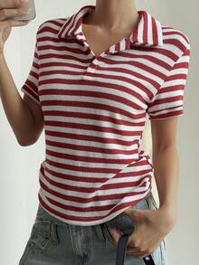 Livesso 女士宽松商务休闲条纹拼接Polo衫，时尚办公服饰，红色，适合春夏穿着 - 紅色 - 查看 2
