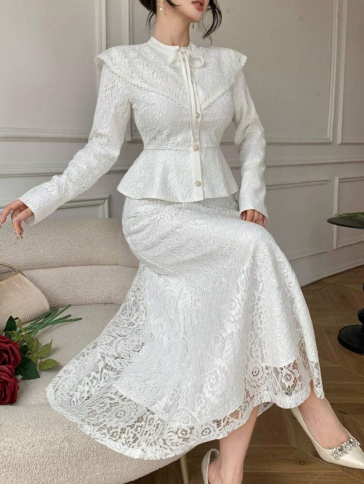Elegant White Lace Ribbon Tie Waist Shawl Collar Blouse & Skirt 2 Pieces Set, Suitable For Valentine's Day, Wedding Spring