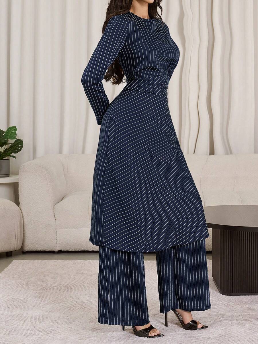 Veilorie 女士通勤时尚条纹收腰长款上衣和长裤阿拉伯风格套装 - 彩色 - 查看 1