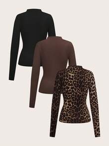 SHEIN Tall 3pcs/Set Solid Color & Leopard Print Tight Fit Basic Layering T-Shirts, Casual Autumn/Winter - Multicolor - View 11