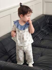 DAZY 2pcs Baby Girls Cartoon Print Ruffle Trim Top And Casual Pants Set, Comfortable Korean Style Loungewear Toddler Girls Clothes - Beige - View 5