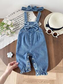 LMoss Kids 女婴蓝色牛仔背带裤，配有3D蝴蝶结领和裤子 - 中等水洗藍 - 查看 1