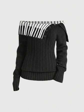 Women's Y2K Girly Purity One-Shoulder Piano Jacquard Pattern Turndown Collar Cinched Waist Cable Knit Sweater