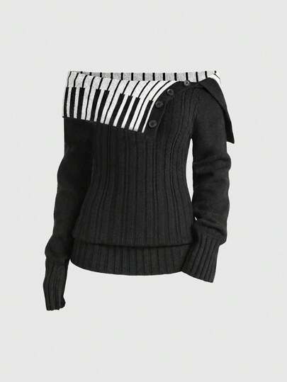 Maglione da donna in stile Y2K, girly, con motivo jacquard a pianoforte, collo alla coreana, vita stretta, lavorazione a trecce