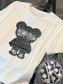 Resyla Random Print Applique Rhinestone Decor Casual Round Neck Short Sleeve T-Shirt + Pants Set, Gift For Friends - White - View 3