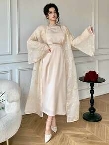 DAZY Women's Elegant Rhinestone Embellished Round Neck Dress With Flare Sleeves Shirt, 2 Pieces Set, Spring/Summer - Apricot - View 11