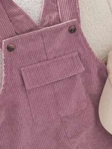 女童灯芯绒休闲纽扣口袋背带连体裤 - 粉色 - 查看 3