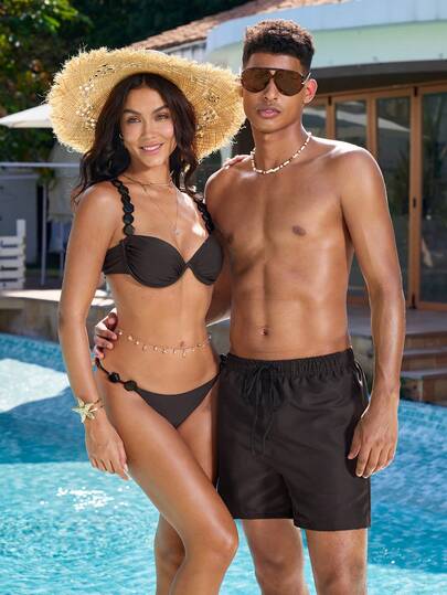 Manfinity VDAYZ Men's Fashion Beach Couple Shorts, Men's Beach Shorts, Drawstring Waistband, Front Drawstring Pockets, Simple Coffee And Brown Basic Style, Hawaiian Style, Suitable For Beach Vacations, Couple's Beachwear, Summer Beach Vacations, Beach Parties, Men's Swimwear, Beach Sets, Men's Holiday Sets, Valentine's Day Sets, Summer Sets, Men's Valentine's Day Sets. His And Hers Swim Wear Matching Swim Set Him And Her His And Hers Swim Suit Sets Men Swim Trunks Couple Couples Matching Swimwear