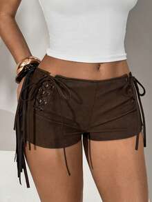 Aloruh Quần short da PU kiểu Bohemian mới dành cho nữ, màu nâu đậm nhuộm tie-dye, quần short siêu ngắn bó sát có tua rua, thích hợp cho mùa xuân/hè. - màu nâu - Xem 5