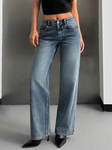 Washed Slant Pocket Straight Leg Jeans Jeans Wide Leg Y2k Jeans Y2k - Medium Wash - View 3