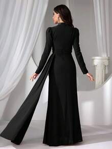 Coutiva 女士立领仿珍珠装饰长款晚礼服 - 黑色 - 查看 2