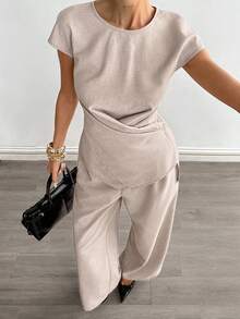 Siren Gaze 女士纯色裹身短袖衬衫和长裤套装 - 杏色 - 查看 5