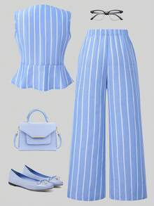 Teen GirlStriped Tank Top With Button Decor & Striped Casual Pants Set - Blue - View 2
