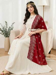 SHEIN Teen Girls Elegant White Summer Dress,Shawl Collar Traditional Pakistani Kaftan Abaya Sets,Sweet Waist Belt Puff Sleeve Civil Wedding Bride Gown - Multicolor - View 1