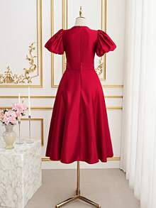 Dripcurv Elegant Women's Burgundy V-Neck Long A-Line Dress With Puff Short Sleeves And Flared Hem - Burgundy - View 2