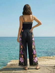 CAJUNI Women's Floral Print Wide Leg Jumpsuit, Fashionable Casual Holiday Outfit - Multicolor - View 2