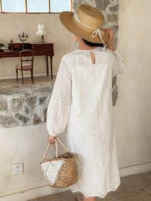 DAZY Tween Girl Solid Color V-Neck Hollow Embroidery Casual Long Sleeve Dress - White - View 4