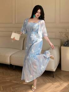 DAZY 女士优雅花卉蕾丝拼接方领荷叶边下摆连衣裙，春夏婚礼宾客礼服 - 藍色 - 查看 9