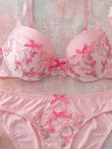FloralLove 情人节刺绣花卉蕾丝拼接钢圈加厚聚拢舒适半罩杯浪漫礼物蝴蝶结可爱娃娃衫女士内衣套装 - 粉色 - 查看 10