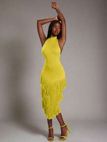 NYA SZN Đầm không tay cổ cao, chi tiết tua rua, ôm sát cơ thể, chất liệu dệt kim gân, co giãn, thích hợp cho các dịp đặc biệt, kỳ nghỉ, đám cưới, đi chơi, sân bay, phong cách dễ thương, cổ điển, mùa thu đông, phù hợp cho trang phục đi làm, dành cho nữ. - Vàng nhạt - Xem 4