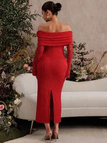 MaterniChic Elegante vestido de maternidad con hombros descubiertos y textura, otoño - Rojo - Ver 2