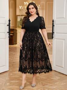 Reflora Vestido elegante de manga corta con escote en V, encaje y volantes en la cintura para mujer de talla grande - Negro - Ver 5