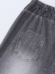 SHEIN ChillGRL 2pcs/Set Teenage Girls Sweet Numeric Print Pullover Sweatshirt Top And Heart Bow Print Denim Effect Casual Pants Set, Suitable For School, Campus, Autumn - Khaki - View 4