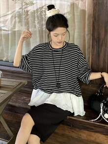DAZY Women's Round Neck Striped Casual Summer Korean Style Contrast Color Ruffle Trim T-Shirt - Black - View 8