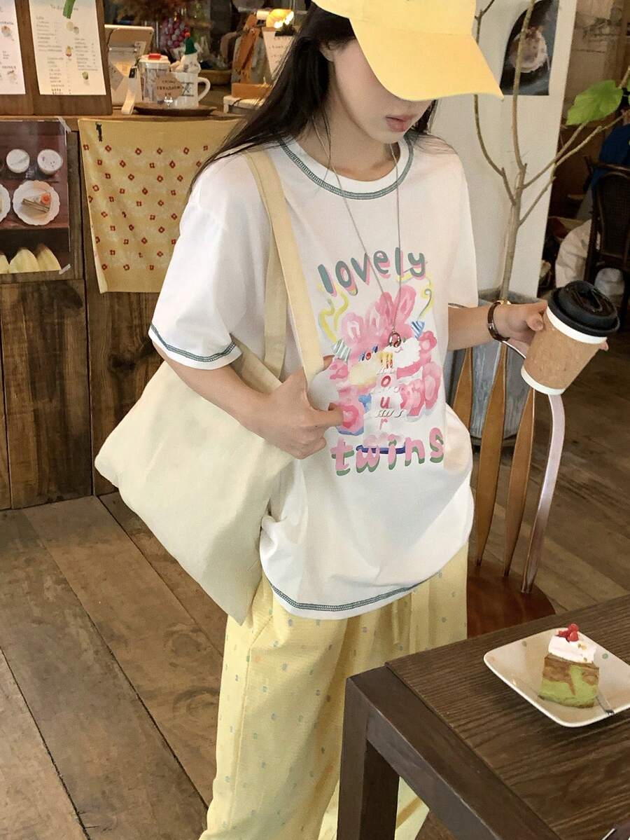 DAZY 女款卡通印花圆领短袖休闲韩版卡通T恤 春季图案T恤 - 白色 - 查看 1