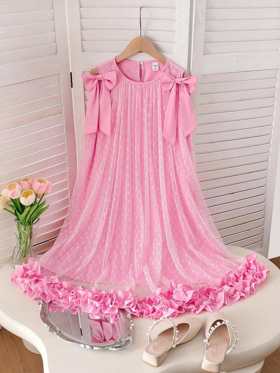 SHEIN Elegant Fashion Ruffle Trim Pearl Decor Mesh Girls Dress Pink Bow Ruffle Strap Dress - Pink - View 1
