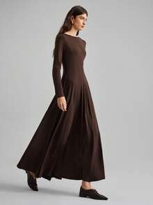 Ontre 2026春夏女士长裙，简约优雅都市时尚，百搭通勤通勤春夏时尚纯色收腰长袖连衣裙，A字廓形，开衩设计，露肩领口，适合派对、情人节等场合，潮流畅销女士长裙 - 咖啡棕 - 查看 6