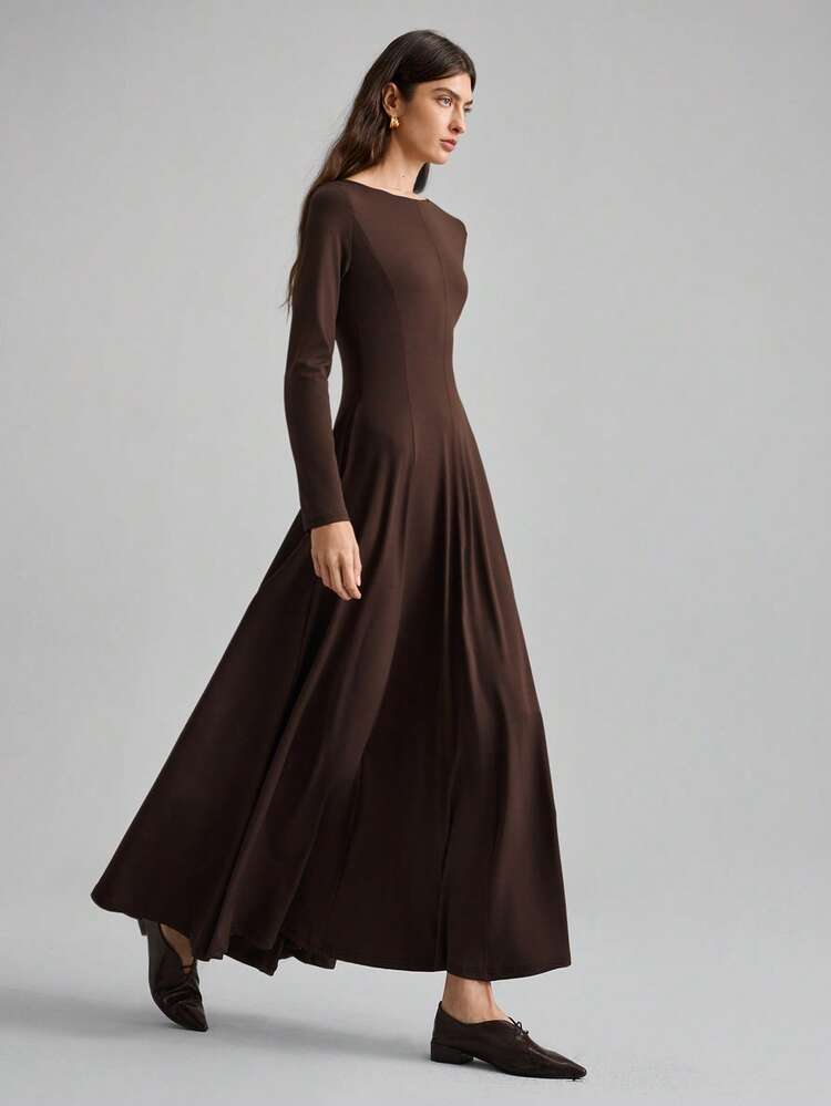 2026 Spring/Summer Women's Long Dress, Minimalist Elegant Urban Chic, Versatile Commuter Solid Color Waist Cinched Long Sleeve Maxi Dress, A-Line, Split Design, Off-Shoulder, Party, Vacation