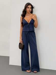 SHEIN Tall 2pcs Women Cotton Linen Camisole And Long Pants Set, Dark Blue Cotton 2 Pieces Set Spaghetti Strap Top And Palazzo Pants Womens Casual Palazzo Set - Navy Blue - View 7