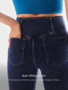 GLOWMODE Jeanius Moves Movin' And Groovin' Stretchy Breathable Butt-Lifting Denim Crossover Waist Flare-Leg Pocket Jeggings Daily Casual Wear Fall Winter - Dark Wash - View 4