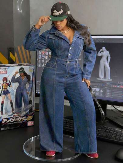 Slaydiva Macacão jeans azul plus size estilo cowgirl, sem elástico, ideal para o outono.