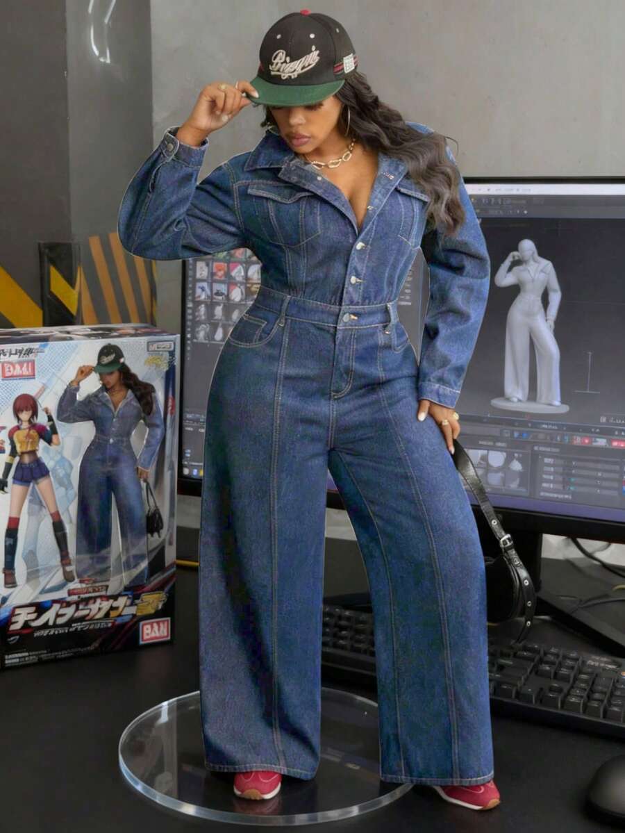 Slaydiva 大码女式牛仔风格无弹力修身蓝色牛仔连体裤，秋季穿搭 - 中等水洗藍 - 查看 1