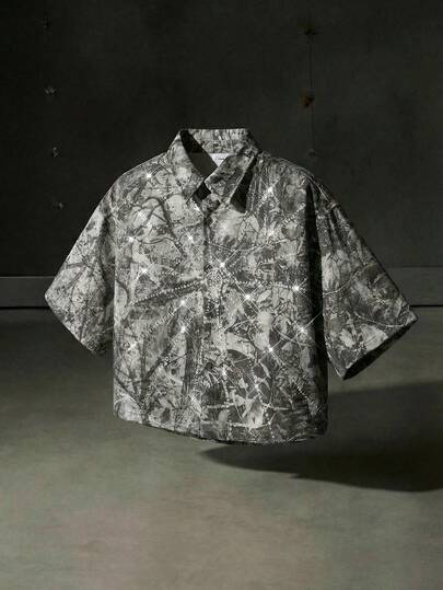 NEON BLANC Men's Rhinestone Tree Branch Pattern Short Sleeve Single-Breasted Denim Shirt