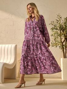 EURMUSE Women's Boho Paisley Long Dress – Long Sleeve V-Neck, Vintage Chic Elegant Casual Vacation Outfit - Multicolor - View 1