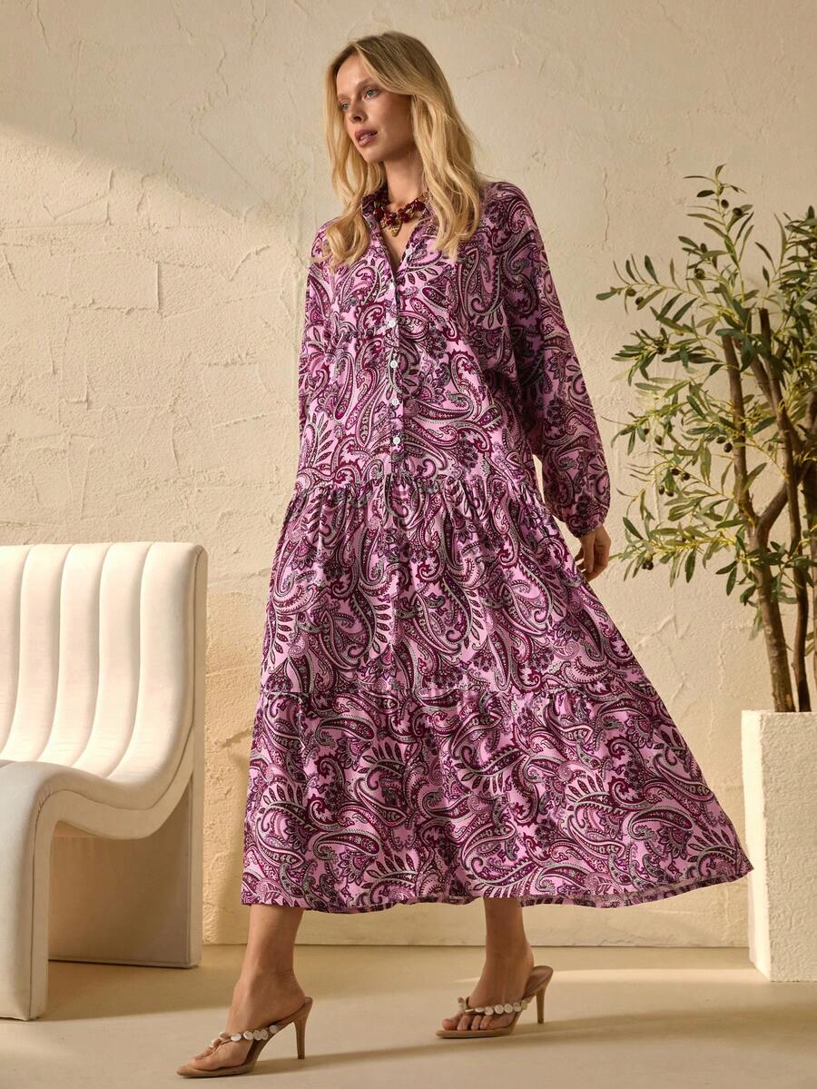 EURMUSE Women's Boho Paisley Long Dress – Long Sleeve V-Neck, Vintage Chic Elegant Casual Vacation Outfit - Multicolor - View 1