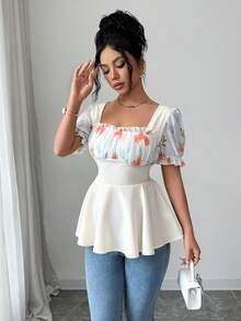 Elenzga Summer Apricot Square Neck Fashionable Luxury High-End Unique Elegant Pleated Waist Puff Sleeve Blouse - Apricot - View 4