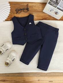 2pcs Baby Boy Formal Elegant Gentleman Suit, Solid Color Slim Fit Faux Pocket Single-Breasted Vest + Elastic Waist Casual Pants, No Shirt, No Bowknot, Fashion Outfit Suitable For Dinner, Reception, Performance, Party, Runway, Christening, Birthday, Wedding, Back To School, Spring/Summer/Autumn - Multicolor - View 5