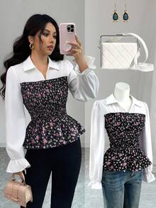 Elenzga Women's New Elegant Ditsy Floral Collared Button-Up Blouse, Suitable For Christmas, Thanksgiving, New Year Party, Casual Daily Wear, Work Office, Long Sleeve, Slim Fit, Chic