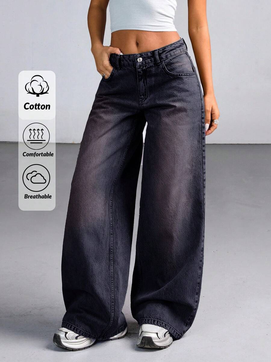 CasuGlow Women's Low Waist Heavy Wash Wide Leg Jeans - Black - View 1