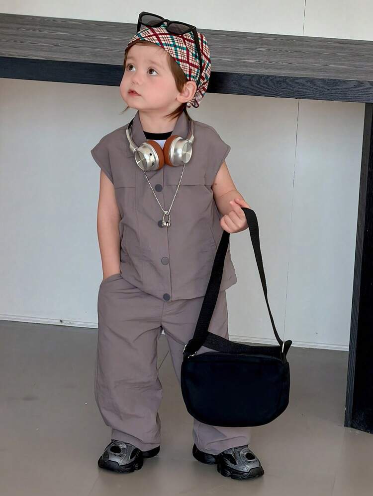 2pcs Toddler Boys' Solid Color Casual Sleeveless Vest Top And Skirt Set